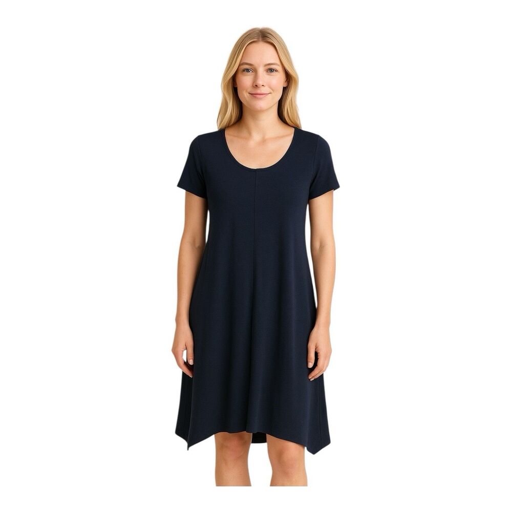 J Jill Pure Jill  Indigo Blue Midi Dress w /Pockets Womens S 089101 Tencil Linen